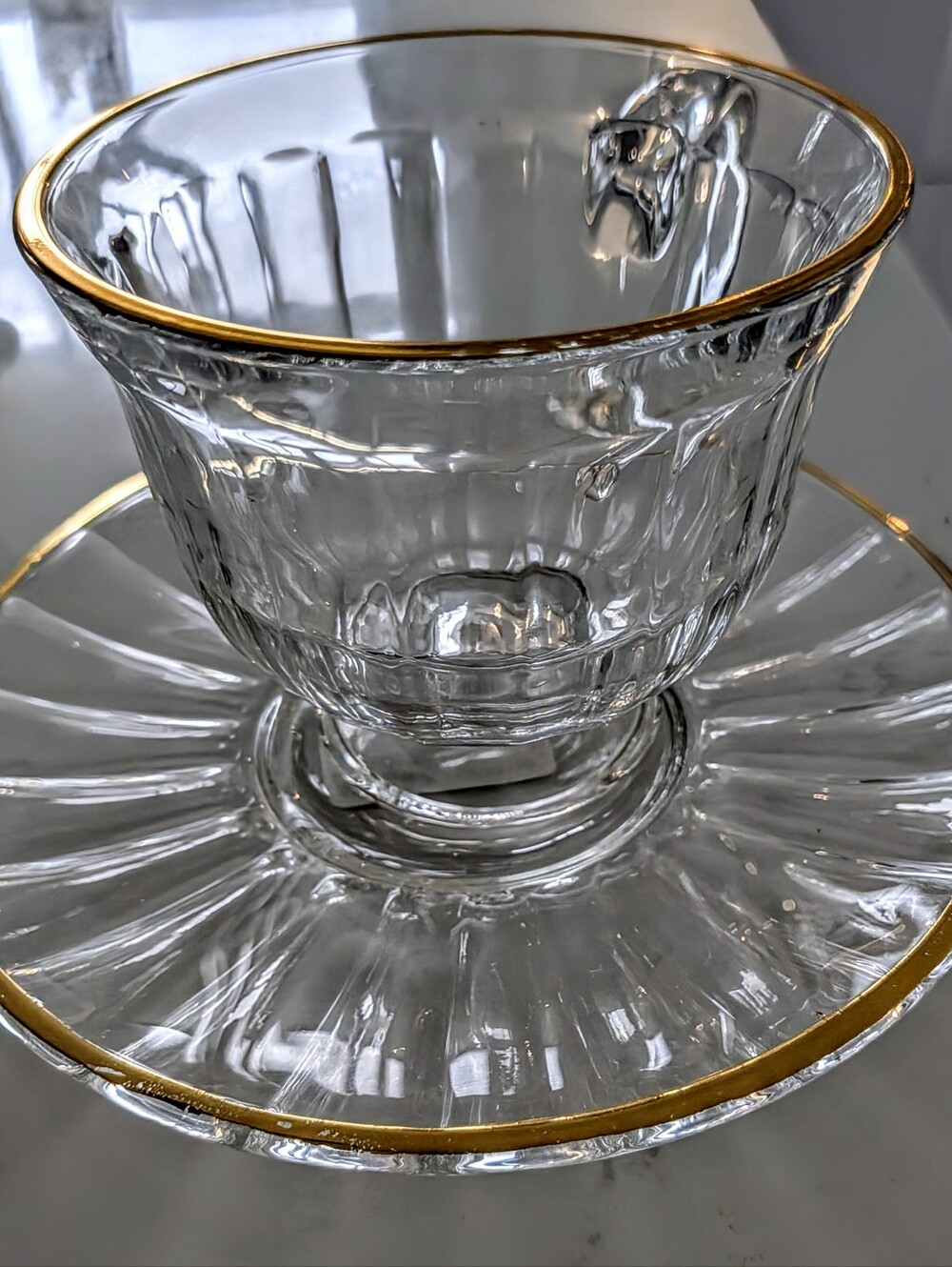 Clear Glass Teacup and Saucer with Gold Rim - Elegant Serveware